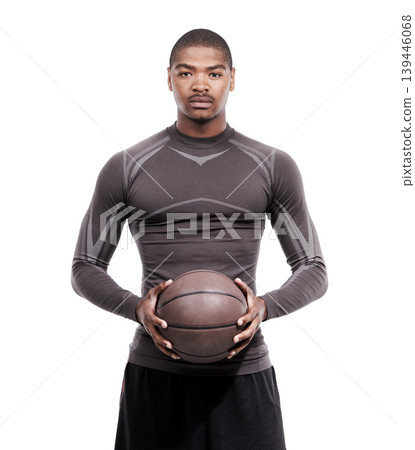 Fitness, serious and portrait of black man with basketball, confidence and strong body muscle workout. Sports wellness, health and proud professional athlete with ball isolated on white background. Fitness, serious and portrait of black man with basketball, confidence and strong body muscle workout. Sports wellness, health and proud professional athlete with ball isolated on white background. 139446068