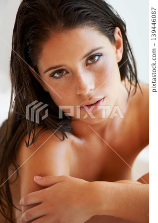 Portrait, bath and woman washing, relax and self care maintenance for hygiene, facial cleanse and skin wellness. Body hydration, home bathroom or model grooming, beauty routine or skincare in bathtub Portrait, bath and woman washing, relax and self care maintenance for hygiene, facial cleanse and skin wellness. Body hydration, home bathroom or model grooming, beauty routine or skincare in bathtub 139446087