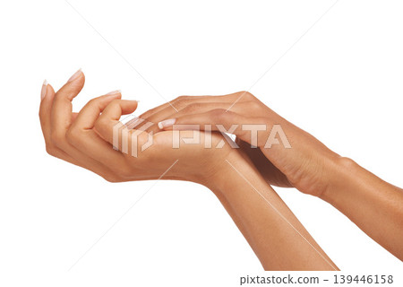 Woman, hands and palm in studio with skincare for cosmetics, manicure or nail treatment for wellness. Person, fingers or mock up space for cosmetology, moisturiser and smooth skin on white background Woman, hands and palm in studio with skincare for cosmetics, manicure or nail treatment for wellness. Person, fingers or mock up space for cosmetology, moisturiser and smooth skin on white background 139446158
