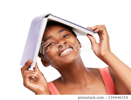 Portrait, knowledge and black girl with book on her head, education and balance isolated on a white studio background. Face, African person and model with mockup space and learning with student 139446159