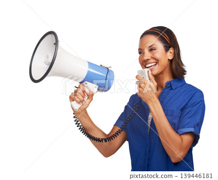 Megaphone communication, studio woman and happy for broadcast speech on sales promo, breaking news or discount deal. Announcement voice, advertising notification and speaker chat on white background 139446181