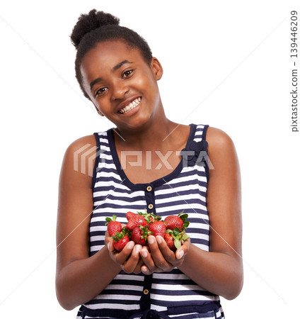 Health and portrait of child and strawberry in studio for nutrition, wellness and diet offer. Food, self care and vitamin c with face of African student and fruits on white background for fiber Health and portrait of child and strawberry in studio for nutrition, wellness and diet offer. Food, self care and vitamin c with face of African student and fruits on white background for fiber 139446209