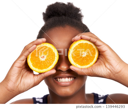 Smile, child and fruit with girl and orange in studio for nutrition, wellness and diet. Food, self care and vitamin c with face of African person on white background for fiber, citrus and detox Smile, child and fruit with girl and orange in studio for nutrition, wellness and diet. Food, self care and vitamin c with face of African person on white background for fiber, citrus and detox 139446293