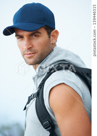 Portrait, hiking and man with nature, workout and exercise with wellness, fresh air or challenge. Person, hiker or guy with backpack, hobby or activity with freedom, training or endurance with face Portrait, hiking and man with nature, workout and exercise with wellness, fresh air or challenge. Person, hiker or guy with backpack, hobby or activity with freedom, training or endurance with face 139446315