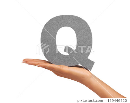 Woman, hand and letter Q or font in studio for advertising, learning or teaching presentation. Sign, alphabet or character for marketing, text or communication and grammar symbol on white background Woman, hand and letter Q or font in studio for advertising, learning or teaching presentation. Sign, alphabet or character for marketing, text or communication and grammar symbol on white background 139446320