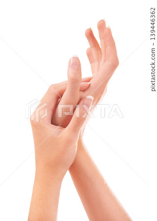 Skincare touch, nails and hands closeup in studio isolated on a white background. Fingers, manicure and palm of woman in spa treatment, natural cosmetics or dermatology, beauty health and wellness 139446362