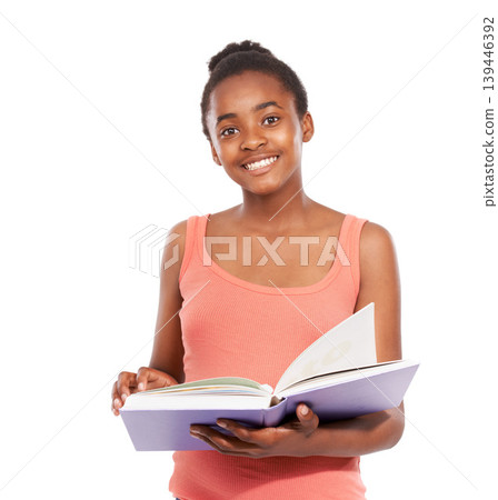 Portrait, smile and black girl with a book, education and knowledge isolated on a white studio background. Face, African person or child with hobby, happy and teenager with info, student and learning Portrait, smile and black girl with a book, education and knowledge isolated on a white studio background. Face, African person or child with hobby, happy and teenager with info, student and learning 139446392