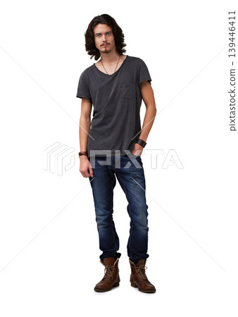 Fashion portrait, relax and studio man with casual outfit, trendy style or confident in hipster apparel, jeans and cotton tshirt. Clothes, aesthetic or stylish male model isolated on white background Fashion portrait, relax and studio man with casual outfit, trendy style or confident in hipster apparel, jeans and cotton tshirt. Clothes, aesthetic or stylish male model isolated on white background 139446411