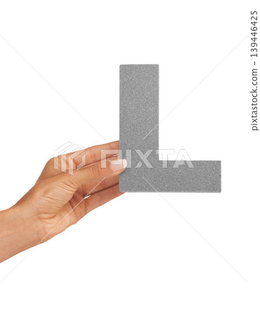 Hands, alphabet and capital letter L in studio isolated on a white background mockup space. Fingers, font and closeup of sign for typo, communication or learning language, character or uppercase icon 139446425
