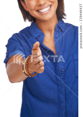 Hiring, closeup or woman shaking hands in studio agreement isolated on white background. Smile, yes or happy person in b2b handshake for job promotion, deal negotiation or partnership opportunity 139446437