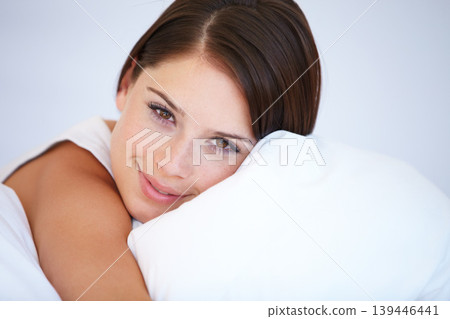 Portrait, pillow and bedroom with woman, relax and resting with weekend break, lazy and wellness. Face, person and apartment with girl, home and peace with smile, cushion and calm with health Portrait, pillow and bedroom with woman, relax and resting with weekend break, lazy and wellness. Face, person and apartment with girl, home and peace with smile, cushion and calm with health 139446441