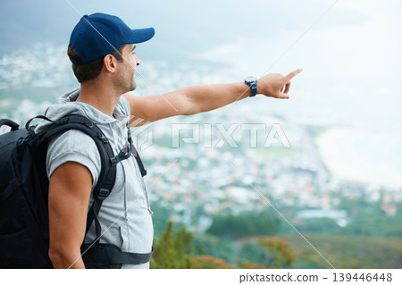 Outdoor, hiking and man with nature, pointing and adventure with direction, journey and fitness. Person, hiker and guy with wellness, travel or location with fresh air, forest or landscape with view Outdoor, hiking and man with nature, pointing and adventure with direction, journey and fitness. Person, hiker and guy with wellness, travel or location with fresh air, forest or landscape with view 139446448