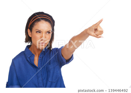 Woman, pointing and angry in studio or white background for frustrated protest, judge fail or mockup space. Female person, model and hand gesture for unhappy glare or bad news, opinion or upset blame Woman, pointing and angry in studio or white background for frustrated protest, judge fail or mockup space. Female person, model and hand gesture for unhappy glare or bad news, opinion or upset blame 139446492