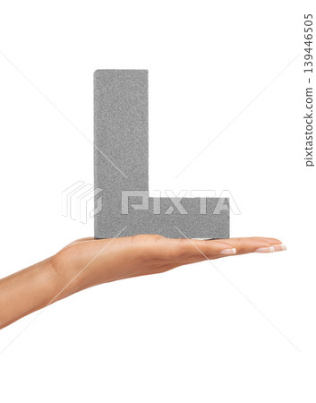 Alphabet, hand and L font in studio for advertising, learning or teaching presentation. Sign, letter or character for marketing, text or communication and grammar or symbol on white background Alphabet, hand and L font in studio for advertising, learning or teaching presentation. Sign, letter or character for marketing, text or communication and grammar or symbol on white background 139446505