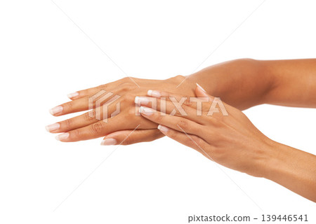 Woman, hands or nails in studio with manicure for cosmetics, skincare or nail treatment for wellness. Person, fingers or mock up space for cosmetology, moisturiser and smooth skin on white background 139446541
