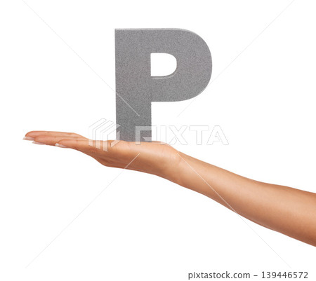 Woman, hand and font or alphabet in studio for advertising, learning or teaching presentation. Sign, letter or character for marketing, text or communication and grammar or symbol on white background 139446572