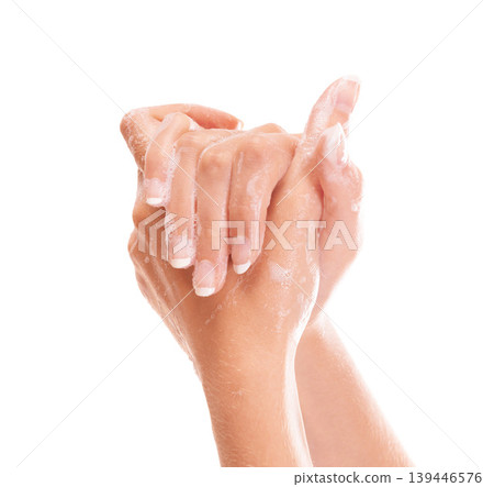 Wellness, soap and closeup of washing hands in studio for hygiene, health or self care. Grooming, cosmetic and zoom of person or model clean skin to prevent germ, bacteria or dirt by white background 139446576
