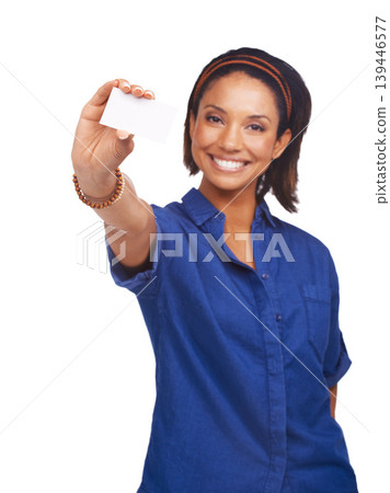 Business card, blank sign and black woman portrait in a studio with entrepreneur info and smile. Confidence, African person and professional with paper for logo or service and white background 139446577