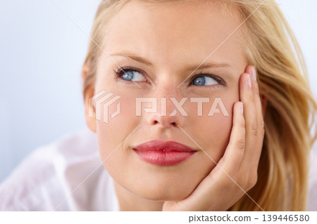 Woman thinking, student ideas and smile for learning, education and scholarship or college choice in studio. Face of a young person with vision for future and university goals on a white background Woman thinking, student ideas and smile for learning, education and scholarship or college choice in studio. Face of a young person with vision for future and university goals on a white background 139446580