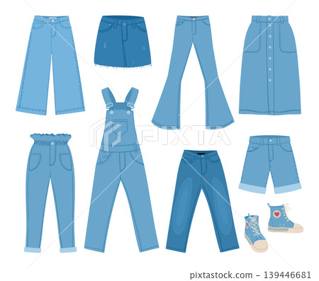 Denim clothing set. Cartoon jeans, jacket and overalls flat vector illustration collection. Casual fashion items isolated on white background 139446681
