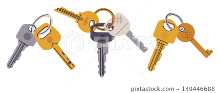 Keys set on rings. House and door keys flat vector illustration collection. Security and access symbols isolated on white background Keys set on rings. House and door keys flat vector illustration collection. Security and access symbols isolated on white background 139446688