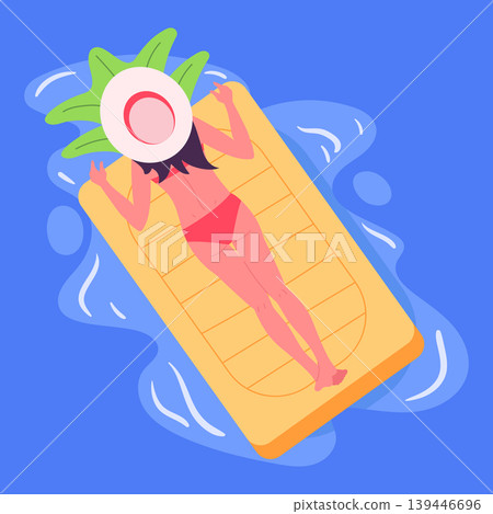Woman relaxing on inflatable mattress in pool top view. Female floating on pineapple air bed in water flat vector illustration. Summer vacation leisure concept Woman relaxing on inflatable mattress in pool top view. Female floating on pineapple air bed in water flat vector illustration. Summer vacation leisure concept 139446696