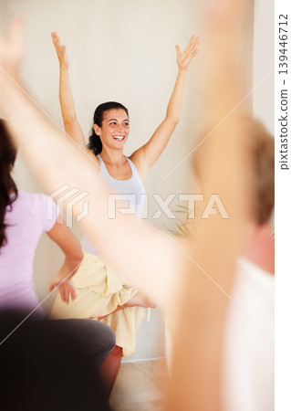 Pilates, yoga and people with personal trainer for class stretching, exercise and workout on mat. Fitness, health club and men and women with happy instructor for wellness, balance and healthy body Pilates, yoga and people with personal trainer for class stretching, exercise and workout on mat. Fitness, health club and men and women with happy instructor for wellness, balance and healthy body 139446712