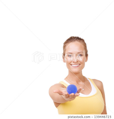 Stress ball, portrait and woman in studio for mindful, fitness and arm exercise with smile. Happy, sport equipment and young female person from Canada with anxiety relief isolated by white background Stress ball, portrait and woman in studio for mindful, fitness and arm exercise with smile. Happy, sport equipment and young female person from Canada with anxiety relief isolated by white background 139446723