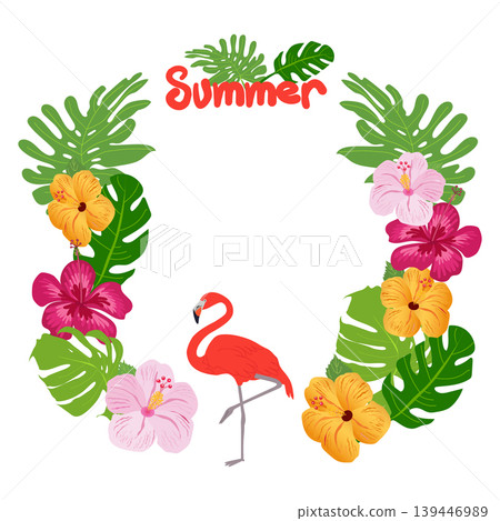 Summer vector frame with flamingo, hibiscus flowers and monstera leaves on white background Summer vector frame with flamingo, hibiscus flowers and monstera leaves on white background 139446989