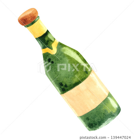 Green glass bottle of champagne, isolated watercolor illustration. Hand drawn drink in green and yellow colors with a brown cork. Cocktail for cafe bar menus, party invitations, wedding cards 139447024