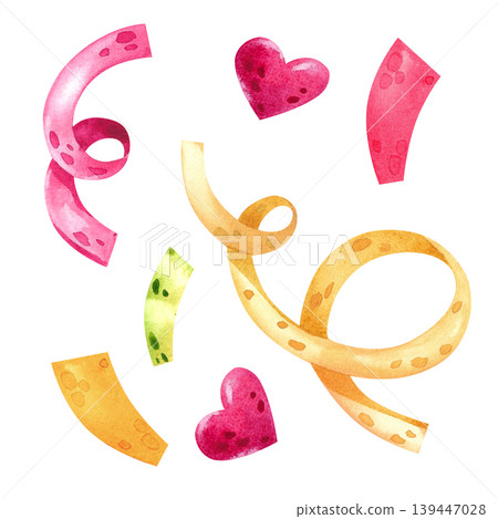 Festive ribbons and confetti, isolated watercolor set. Hand painted fireworks. Festive decoration for cards, party invitations, and birthdays. Festive ribbons and confetti, isolated watercolor set. Hand painted fireworks. Festive decoration for cards, party invitations, and birthdays. 139447028
