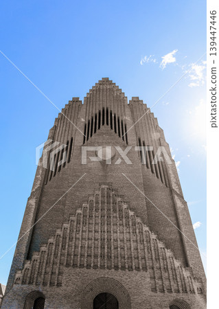 Grundtvig Church minimalist architecture with geometric symmetry and iconic brick design in Copenhagen Denmark. Grundtvig Church minimalist architecture with geometric symmetry and iconic brick design in Copenhagen Denmark. 139447446