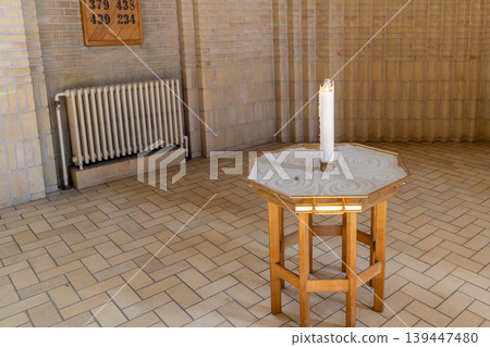 Grundtvig Church interior with minimalist architecture and soft natural light in Copenhagen Denmark. Grundtvig Church interior with minimalist architecture and soft natural light in Copenhagen Denmark. 139447480