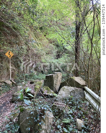 Rockfall at the entrance to the abandoned road in Hyugami Valley Rockfall at the entrance to the abandoned road in Hyugami Valley 139447514