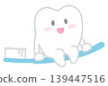 一個可愛的牙齒角色坐在牙刷上。 139447516