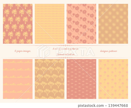 Warm tropical seamless pattern collection with palm trees, sun and ocean elements Warm tropical seamless pattern collection with palm trees, sun and ocean elements 139447668