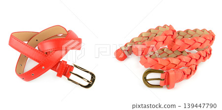Elegant fashion accessories including smooth leather and woven belts isolated on white background. Elegant fashion accessories including smooth leather and woven belts isolated on white background. 139447790