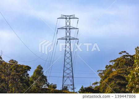 An electrical transmission tower located on a hill in a forest An electrical transmission tower located on a hill in a forest 139447806