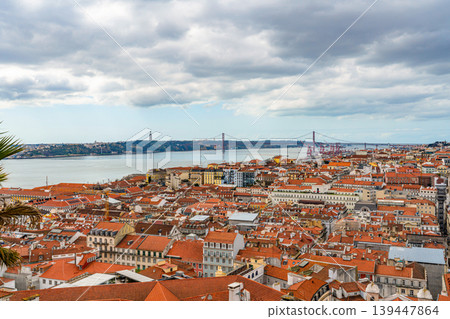 Lisbon cityscape with Tagus river and 25 de Abril bridge Portugal 139447864