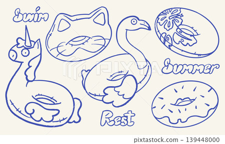 Hand Drawn Inflatable Swim Rings Set Fun Summer Doodle Style Hand Drawn Inflatable Swim Rings Set Fun Summer Doodle Style 139448000