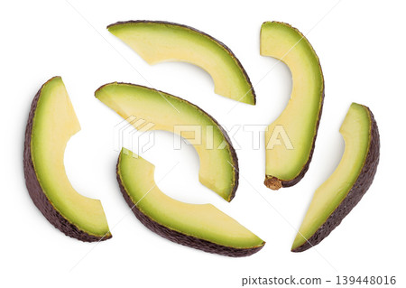 avocado pieces isolated on white background close up. Top view. Flat lay avocado pieces isolated on white background close up. Top view. Flat lay 139448016