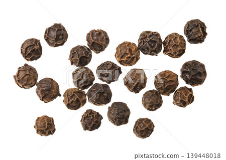 Black peppercorns or pepper isolated on a white background. Top view. Flat lay Black peppercorns or pepper isolated on a white background. Top view. Flat lay 139448018