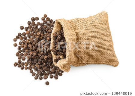 Black peppercorns or pepper in a bag isolated on a white background. Top view. Flat lay Black peppercorns or pepper in a bag isolated on a white background. Top view. Flat lay 139448019
