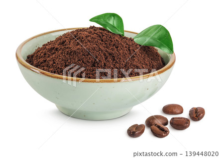 ground coffee in ceramic bowl and coffee beans isolated on white background ground coffee in ceramic bowl and coffee beans isolated on white background 139448020