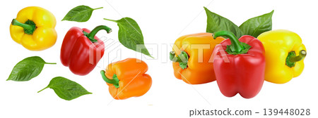 yellow orange and red sweet bell pepper isolated on white background. Top view. Flat lay yellow orange and red sweet bell pepper isolated on white background. Top view. Flat lay 139448028