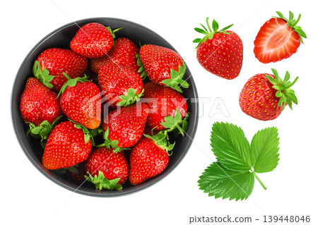 Strawberry in a ceramic bowl isolated on white background, Top view. Flat lay. Strawberry in a ceramic bowl isolated on white background, Top view. Flat lay. 139448046