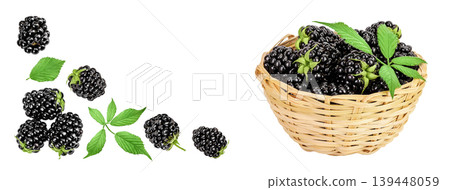 blackberry with leaf in a wicker basket isolated on a white background. Top view with copy space for your text. Flat lay blackberry with leaf in a wicker basket isolated on a white background. Top view with copy space for your text. Flat lay 139448059