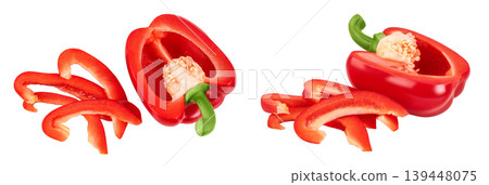 slices of red sweet bell pepper isolated on white background. Top view. Flat lay slices of red sweet bell pepper isolated on white background. Top view. Flat lay 139448075