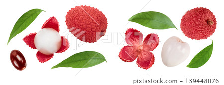 lychee fruit isolated on white background with full depth of field. Top view. Flat lay lychee fruit isolated on white background with full depth of field. Top view. Flat lay 139448076