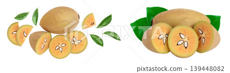 Sapodilla isolated on white background with full depth of field. Top view. Flat lay 139448082